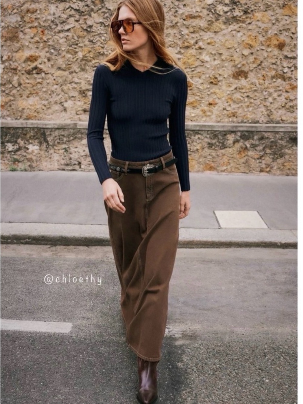 Zara brown denim maxi skirt